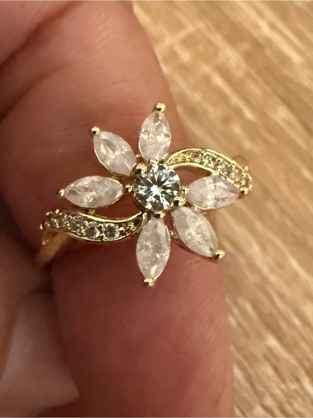 Gold Floral Crystal Statement Ring - Clear/White Stones